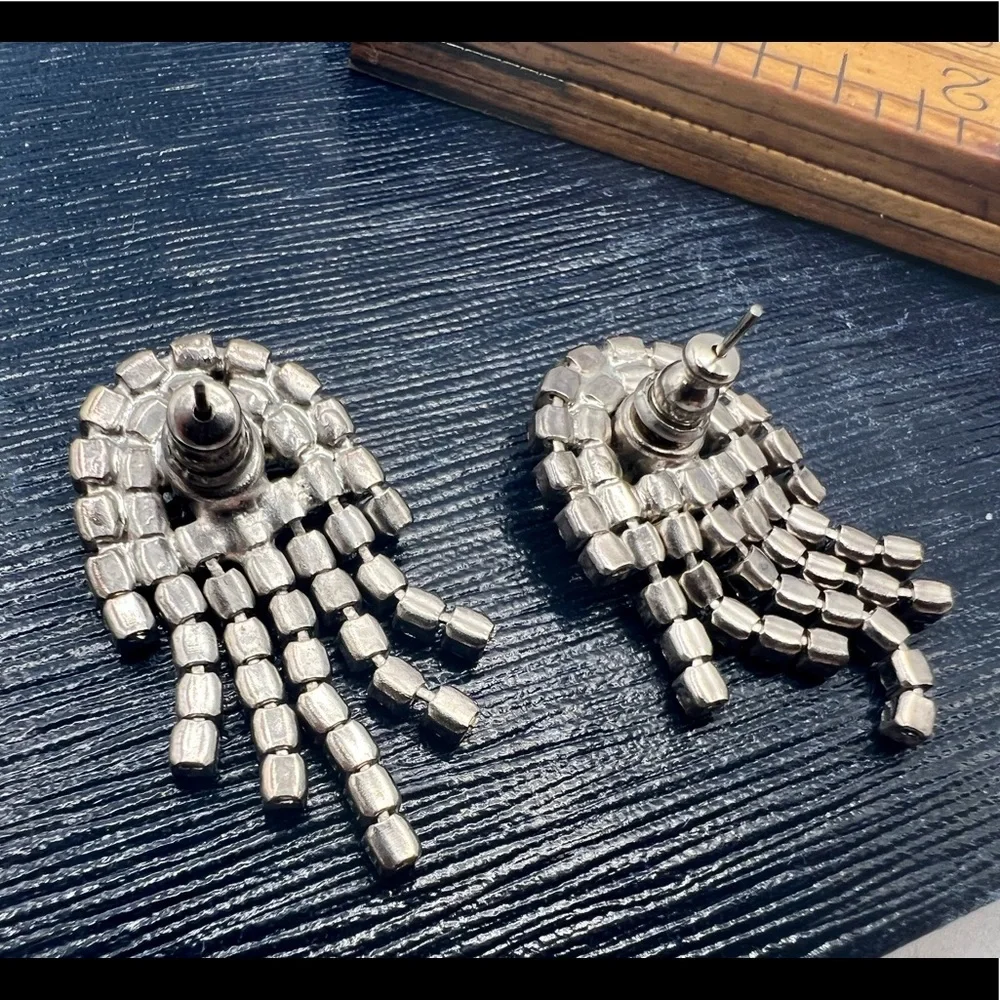 Vintage silver rhinestone fringe pierced earrings black accent dangles unique